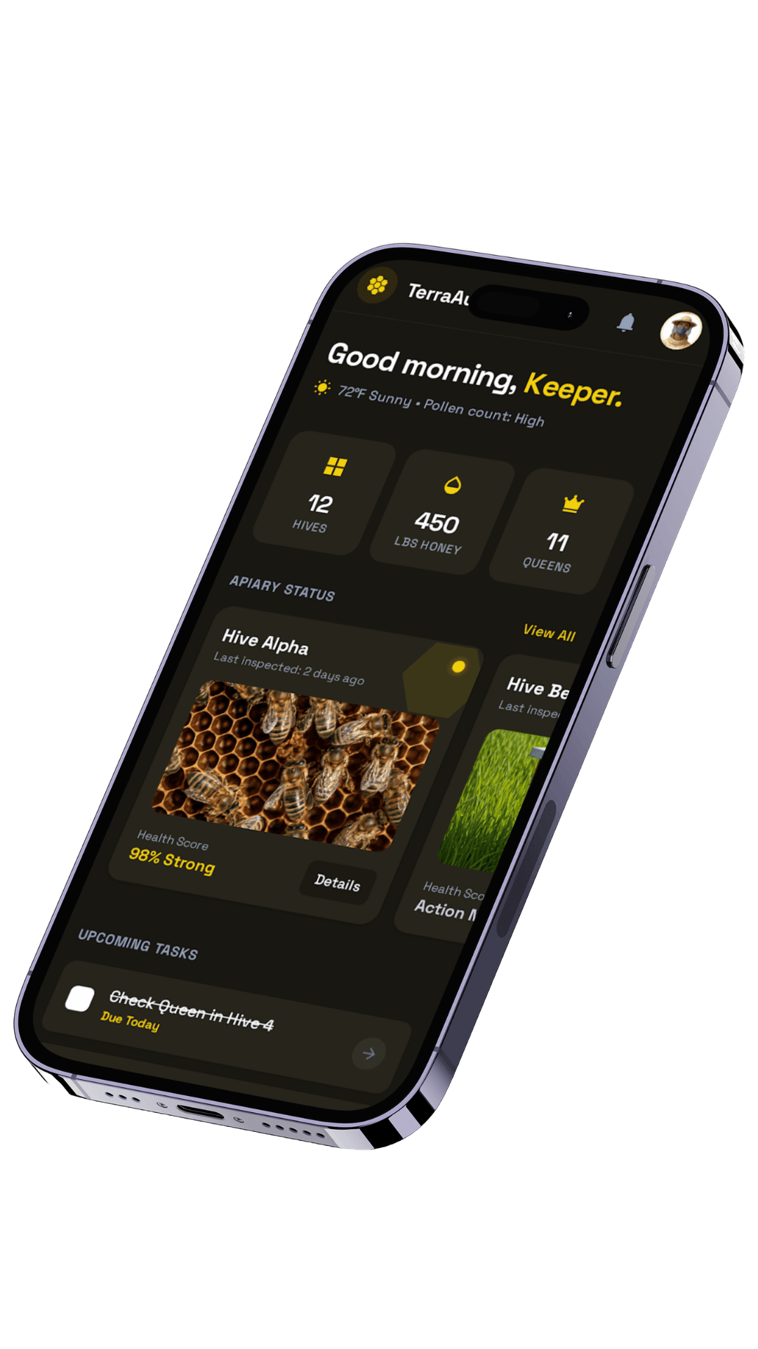 TerraAurelium beekeeping app screens for inspections and apiary records