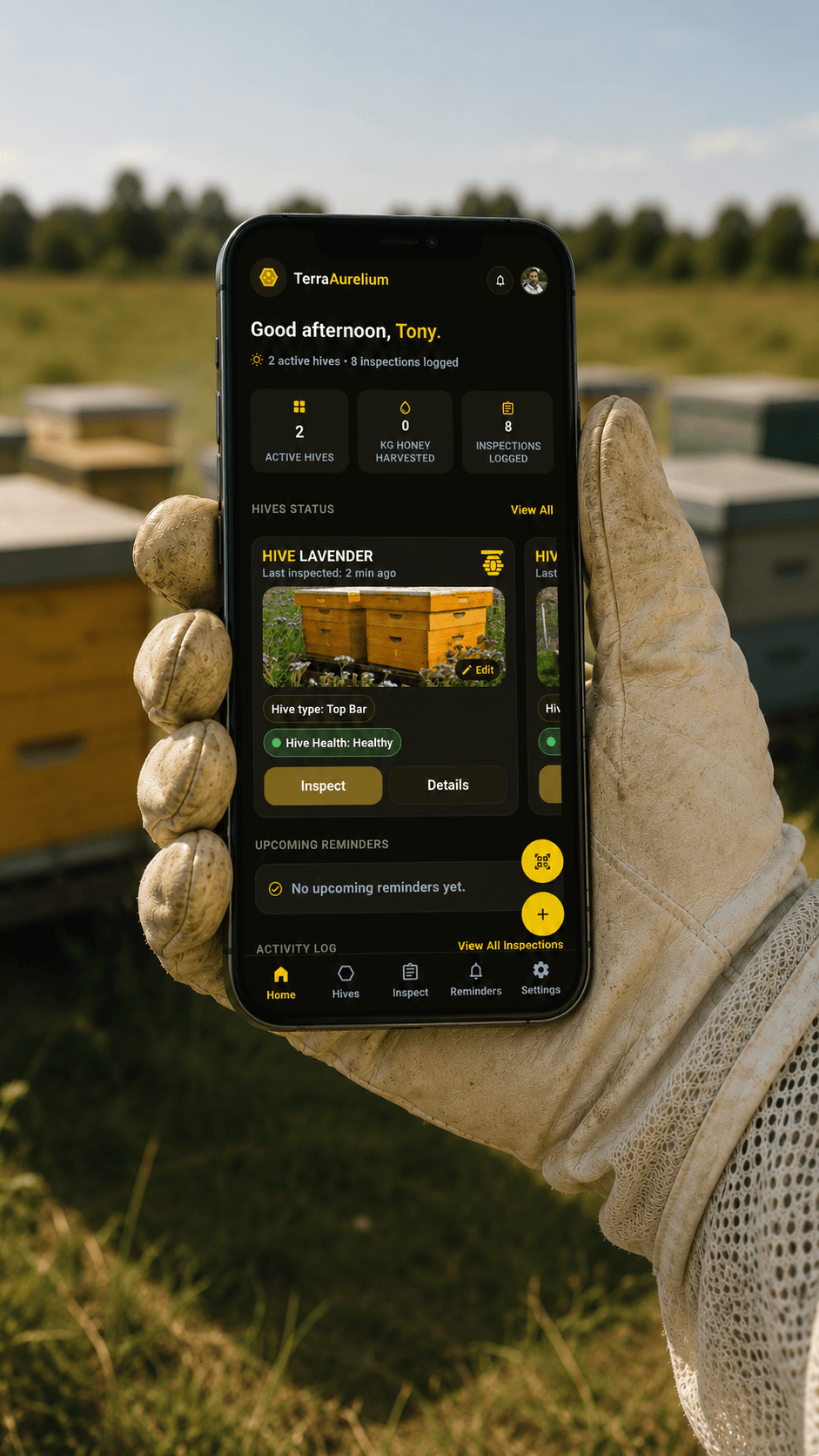 TerraAurelium app shown in an apiary on a phone