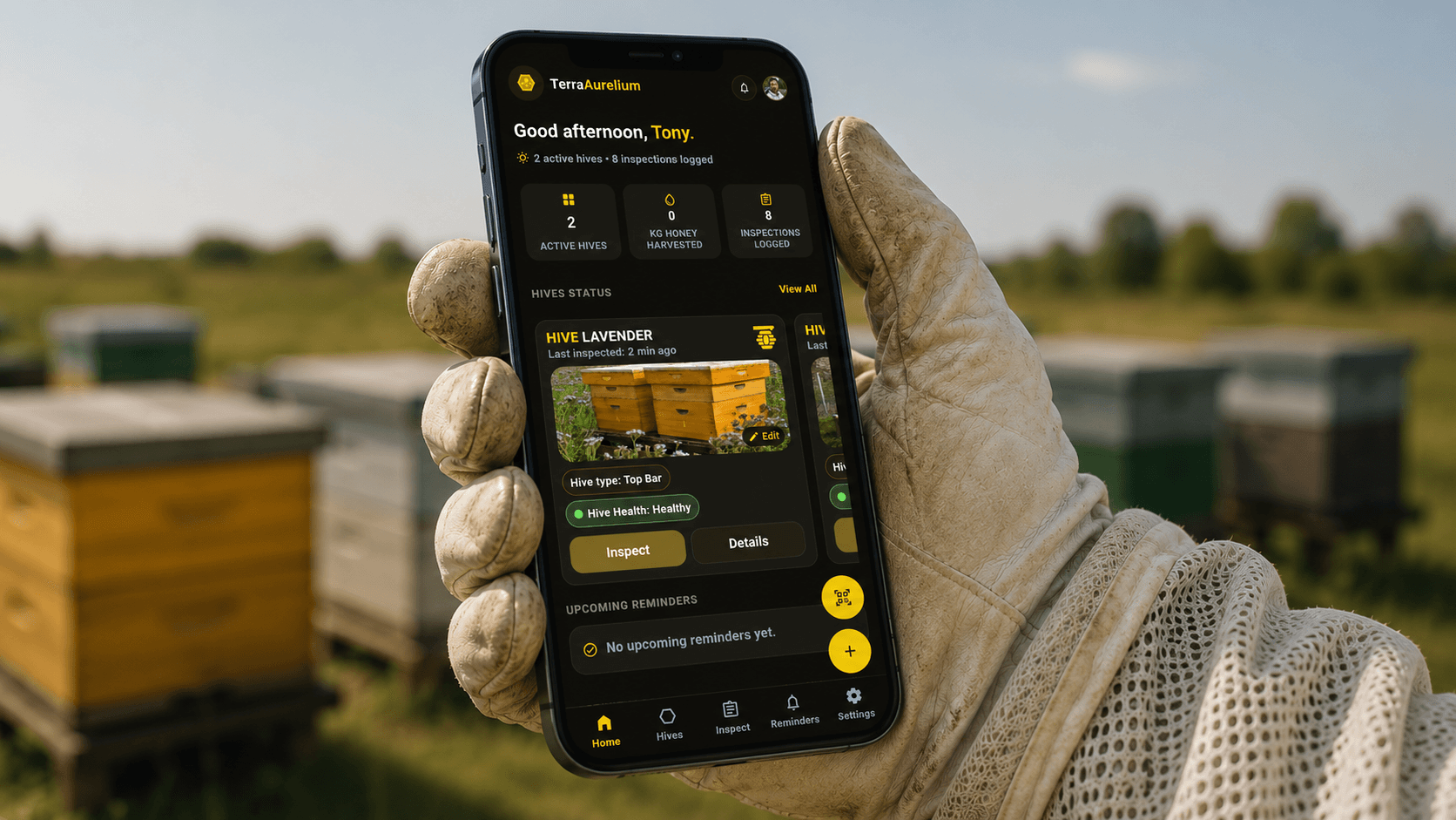 TerraAurelium app shown in an apiary on a phone