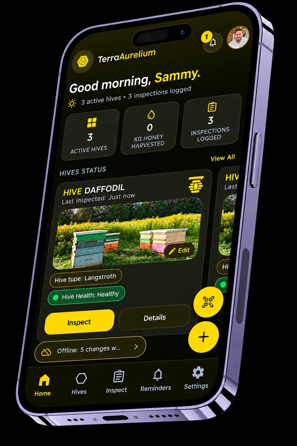 TerraAurelium mobile dashboard showing apiary activity, hive health, and harvest performance